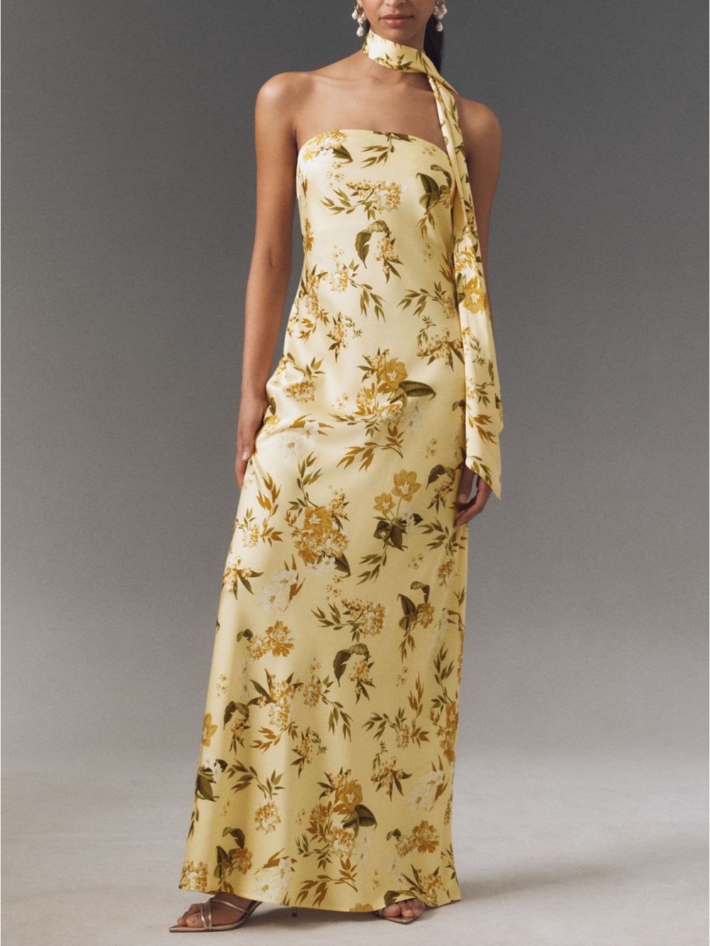 Anthropologie Strapless Yellow Floral Maxi Dress